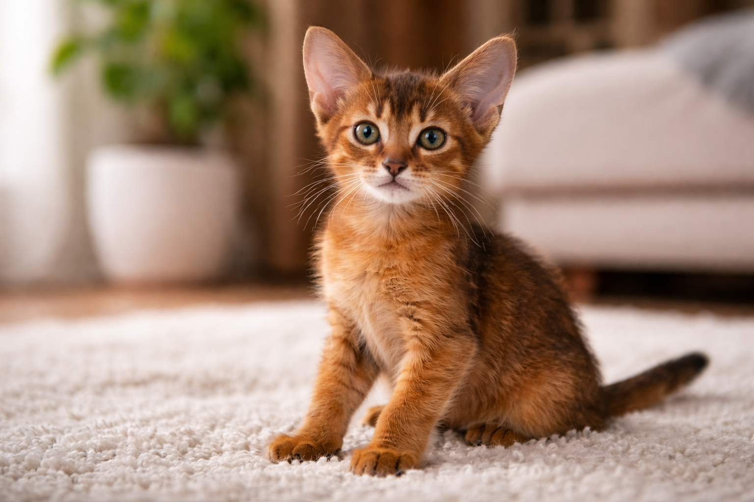 Young Abyssinian kitten sitting on a soft rug in a sunlit living room with large upright ears, alert eyes, and a warm ruddy coat.