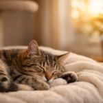 Tabby cat sleeping curled up on a soft blanket in a sunlit living room