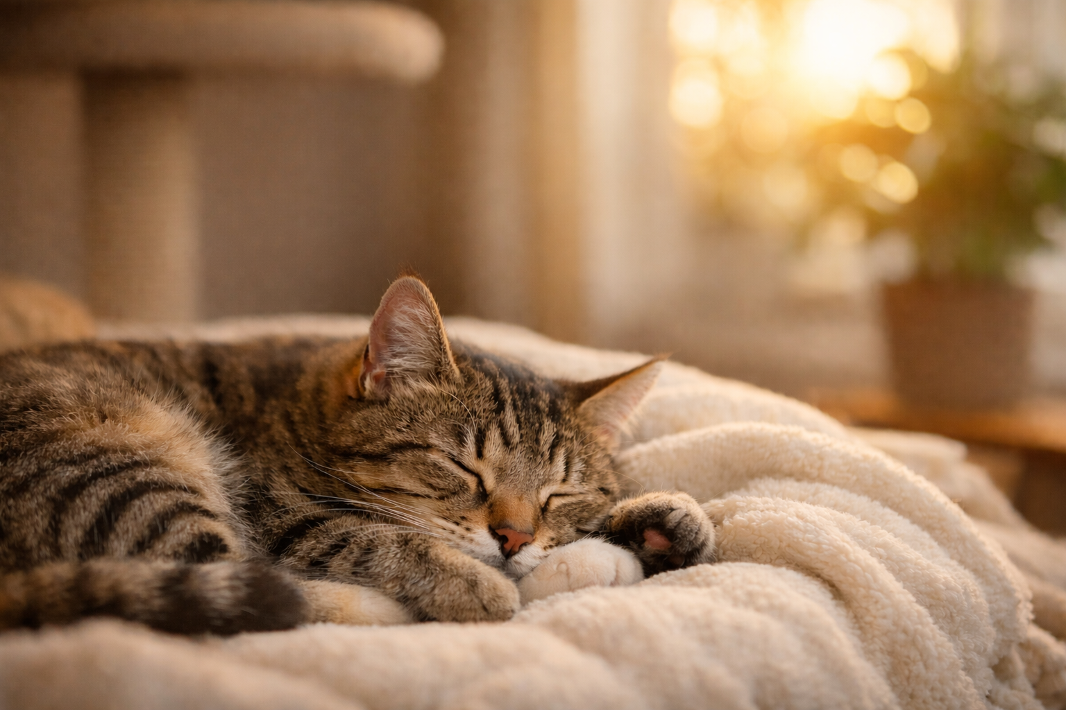 Tabby cat sleeping curled up on a soft blanket in a sunlit living room