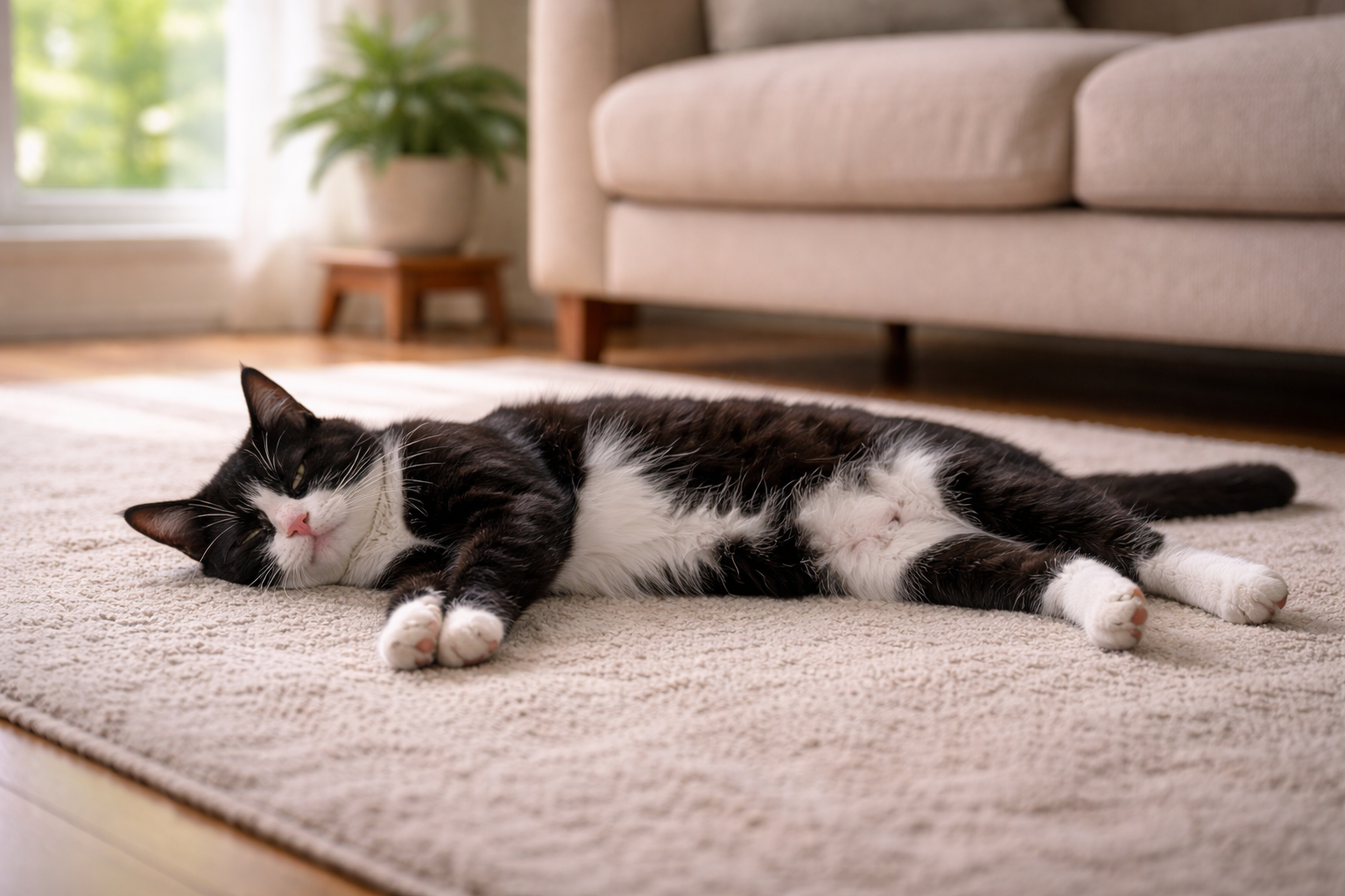 Tuxedo cat lying stretched out on a living room rug in natural daylight