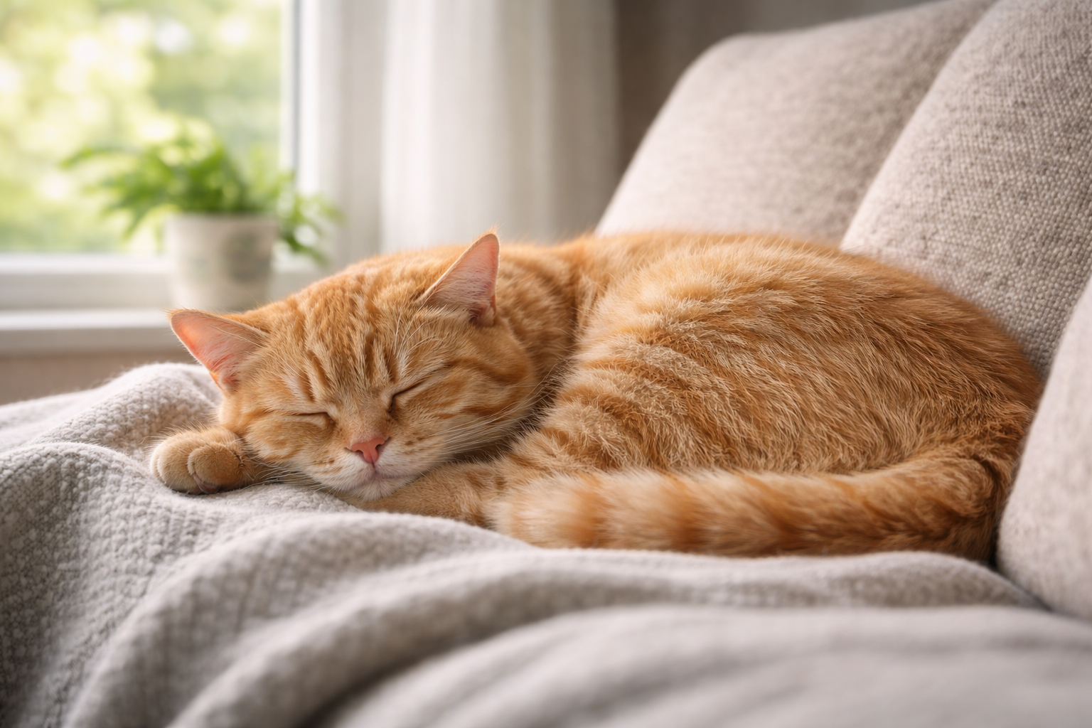 Orange tabby cat sleeping curled up on a couch in warm sunlight