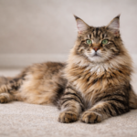 Maine Coon cat lying on the floor showing large size, long fur, and tufted ears