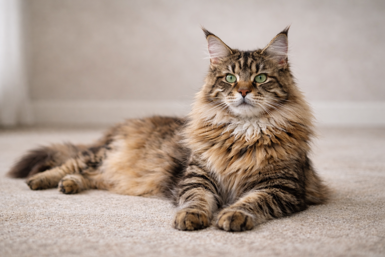 Maine Coon cat lying on the floor showing large size, long fur, and tufted ears