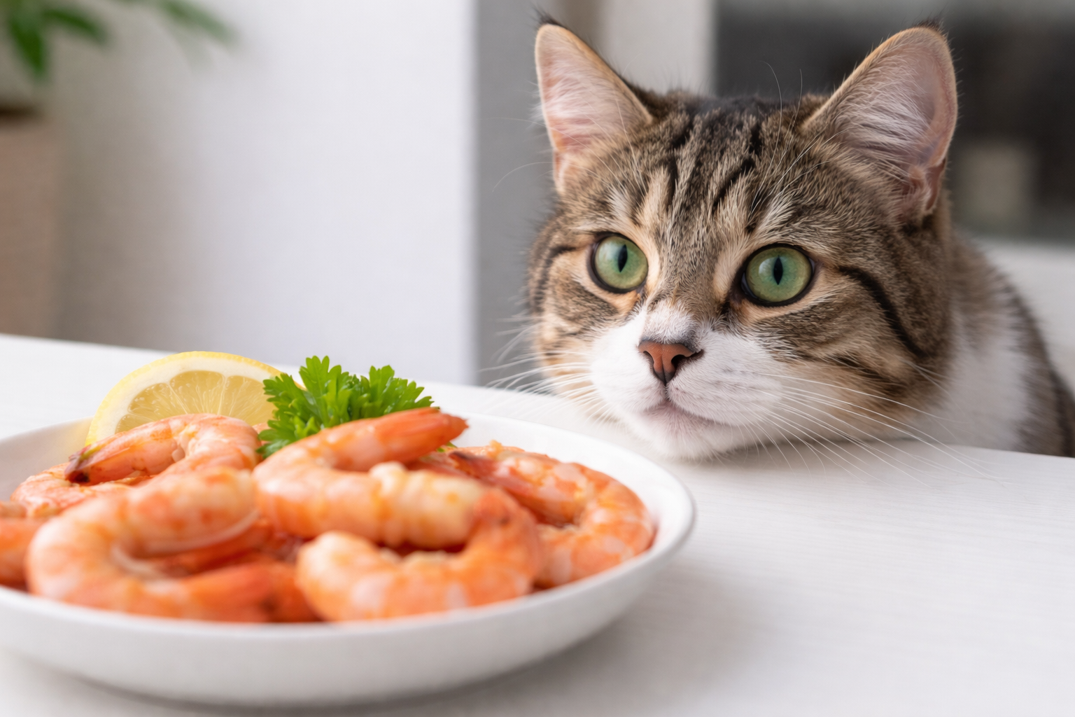 Cat staring at cooked shrimp on a plate