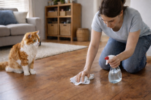 Woman cleaning a spot on hardwood floor with spray bottle while cat watches nearby