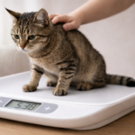underweight cat sitting on a digital scale showing weight loss