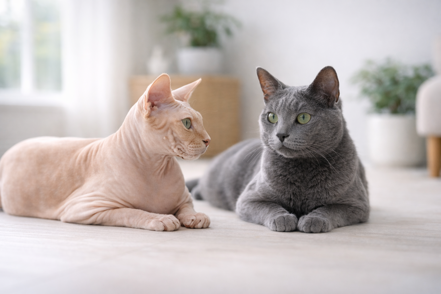 Low shedding cat breeds Sphynx and Russian Blue lying together on a clean light floor in a bright modern home
