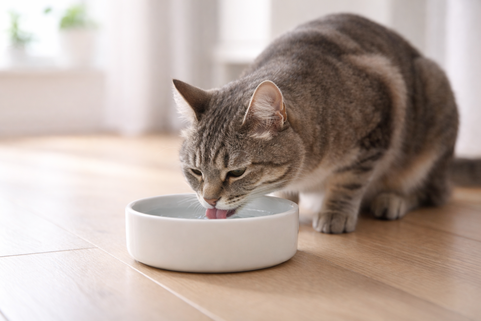 Healthy indoor tabby cat drinking water from a ceramic bowl in natural light