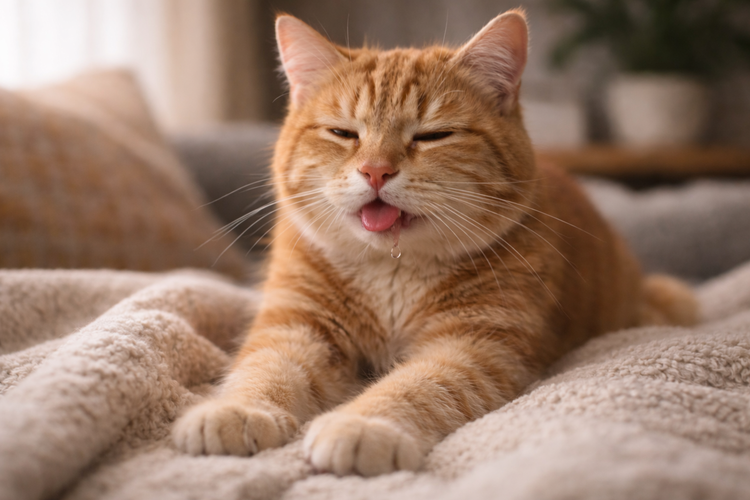 orange tabby cat kneading a soft blanket with tongue slightly out and a tiny droplet of drool while looking relaxed and content