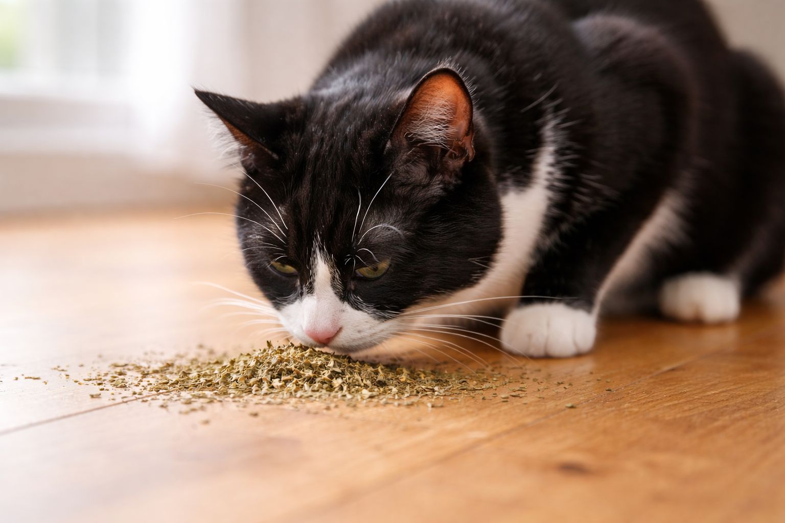 Tuxedo cat sniffing a small pile of loose dried catnip on a hardwood floor