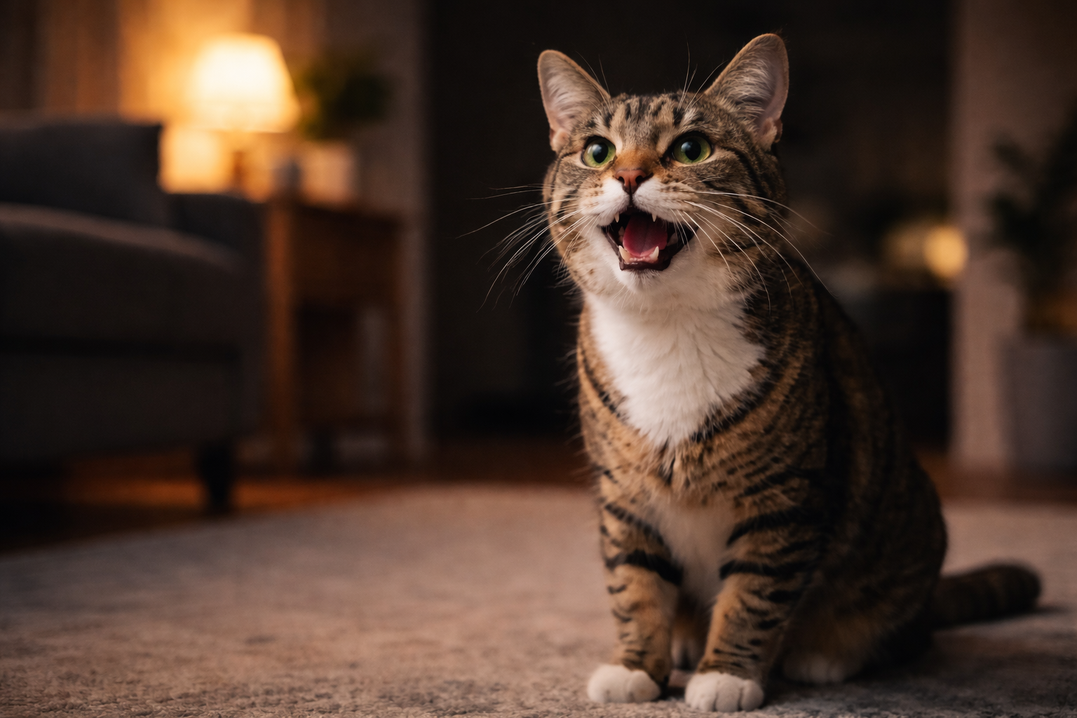 Cat sitting indoors at night with mouth open mid-meow, softly lit living room background with warm lamp light and dark surroundings