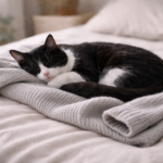 Tuxedo cat sleeping on a folded sweater on a bed