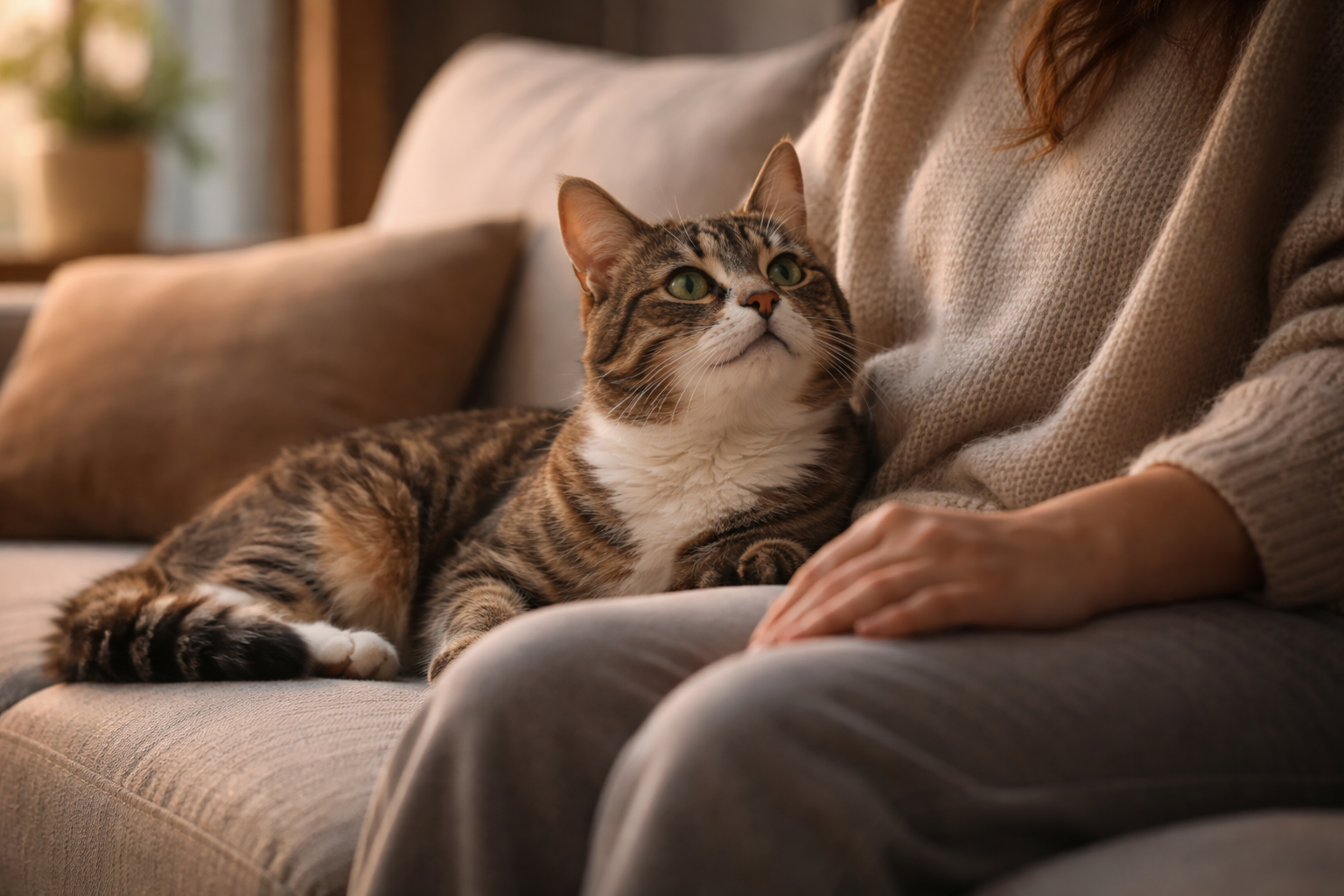 Cat sitting next to a person on a couch, showing a close bond with its favorite human