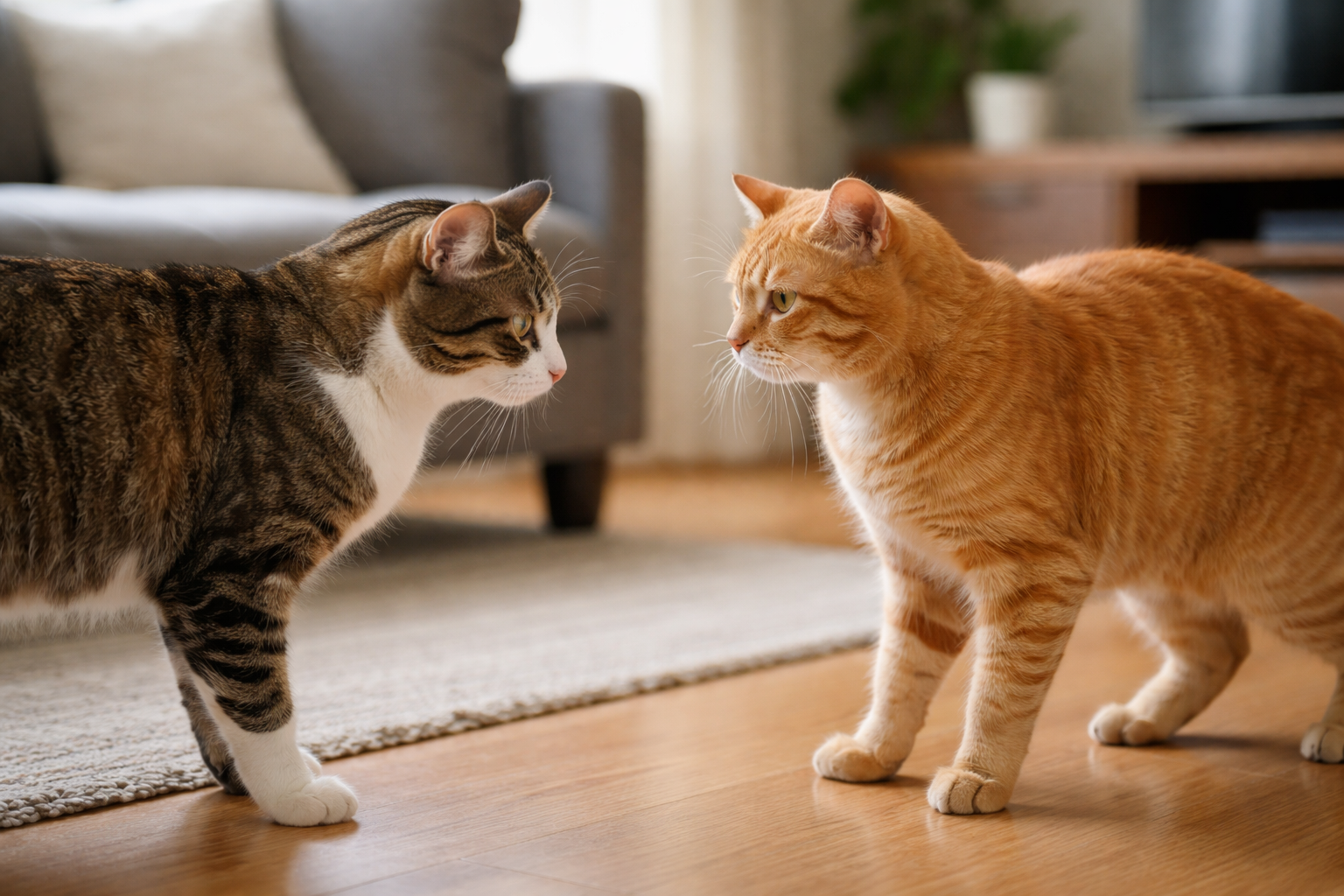 two cats facing each other with tense body language indoors, showing a potential conflict without active fighting