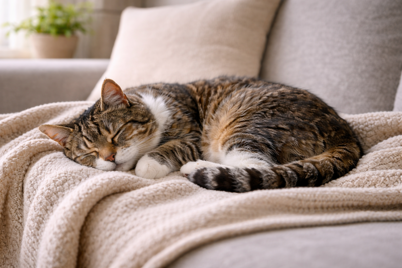 Senior cat curled up sleeping on a couch blanket