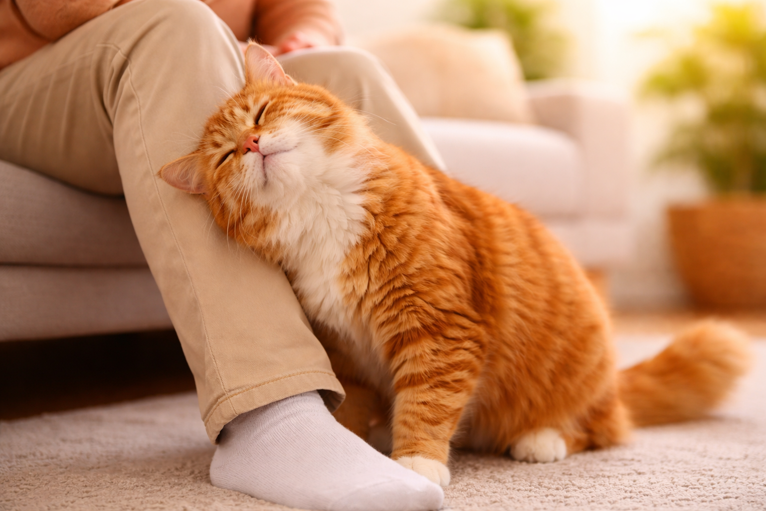 Fluffy orange cat rubbing its head against a person’s leg