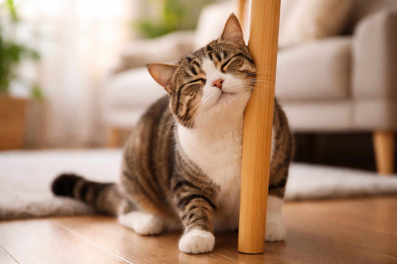 Tabby cat rubbing its face against a wooden chair leg