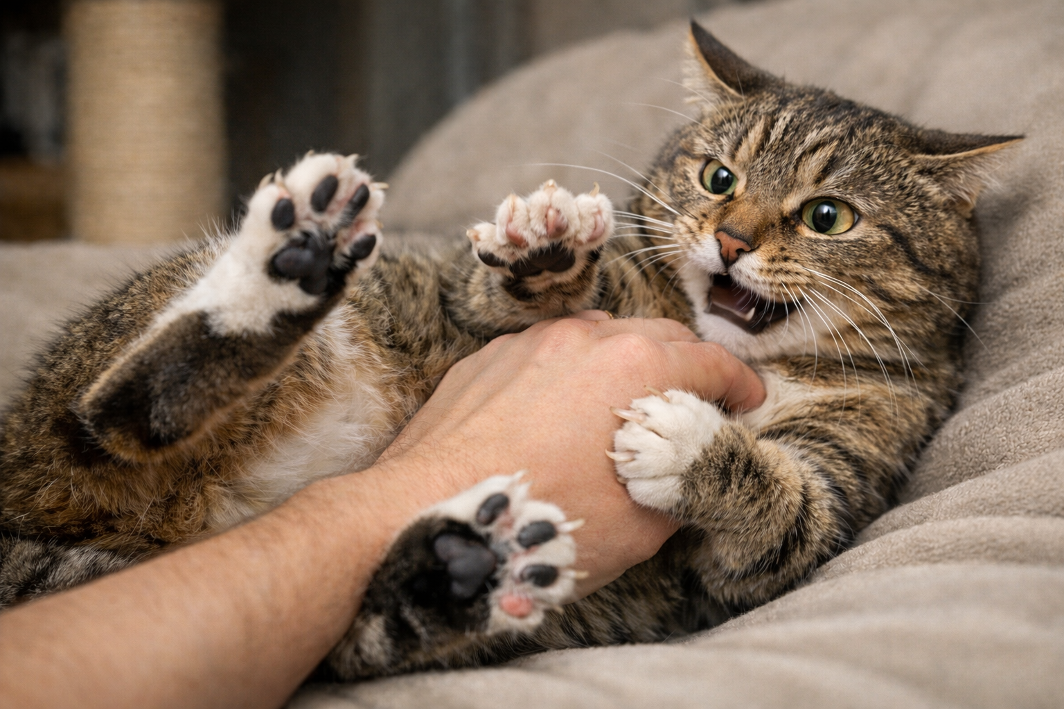 Cat lying on its back reacting to a gentle belly touch with paws raised and toes spread