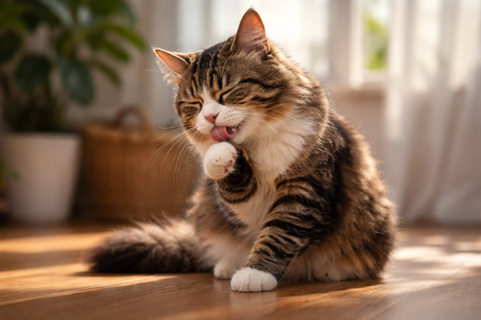 Cat licking its paw while grooming in sunlight.