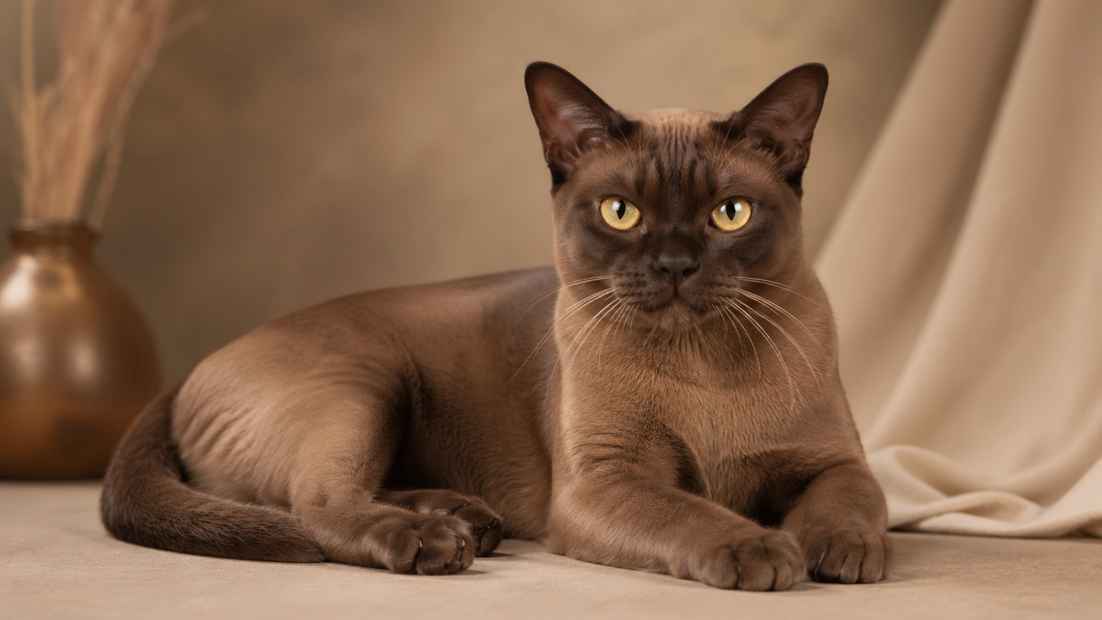 Burmese cat with a sleek sable brown coat and golden eyes, lying on a soft neutral background in warm indoor lighting