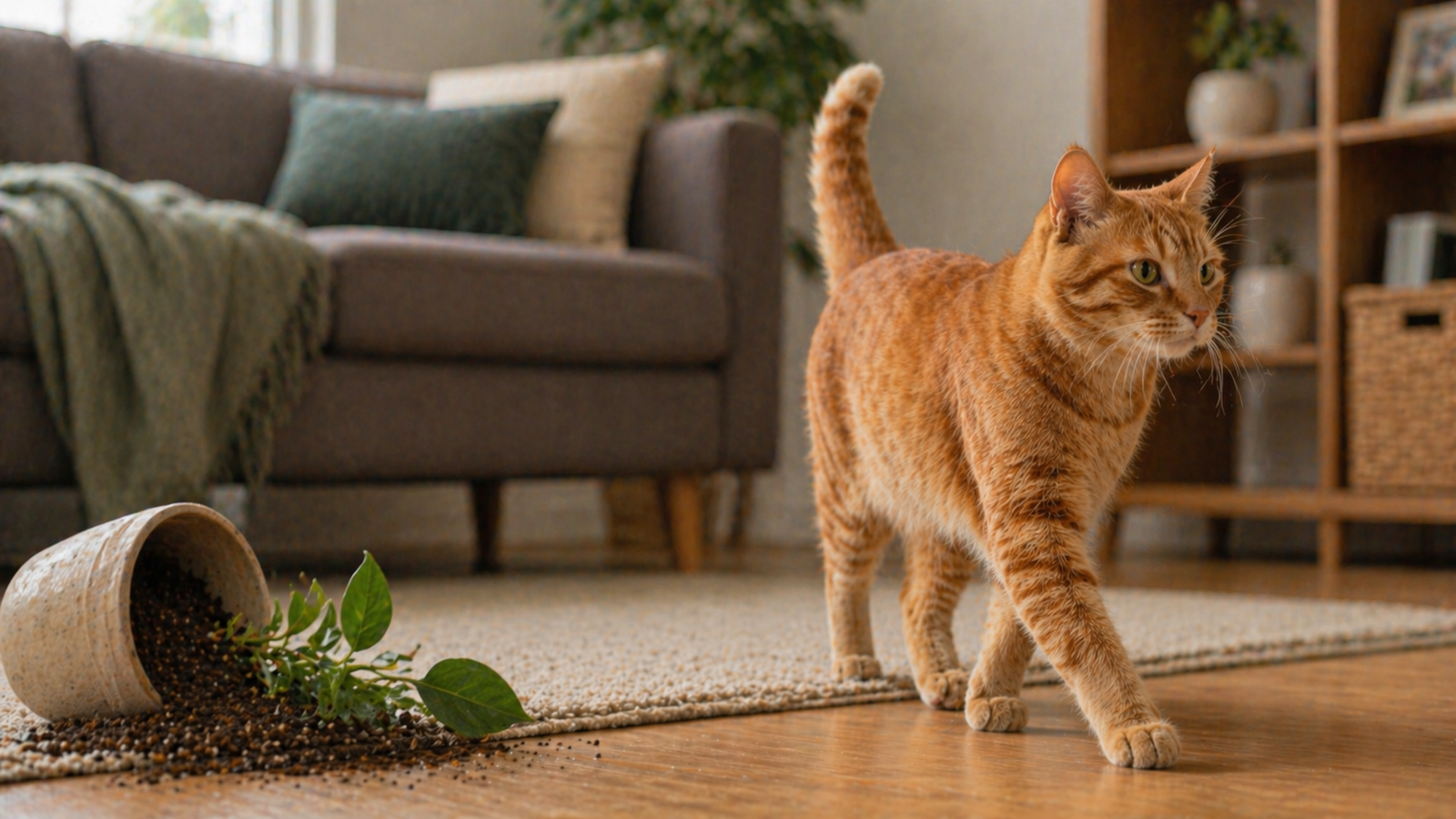 Orange tabby cat walking away from knocked-over plant with spilled soil on living room floor