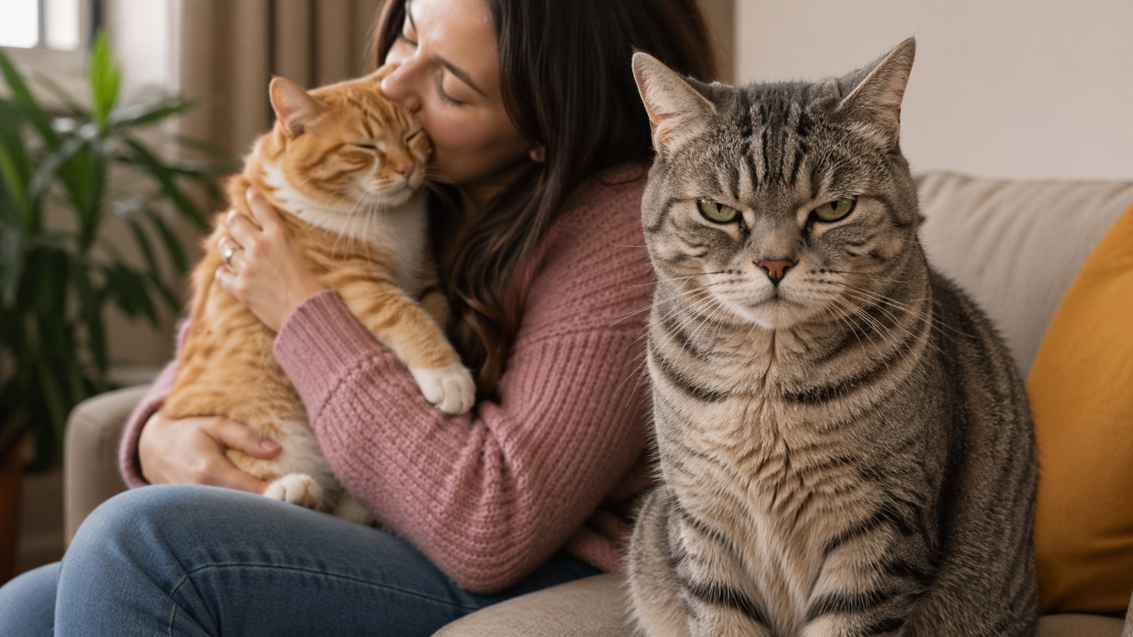 Jealous-looking gray tabby cat staring while a person cuddles an orange cat on a couch