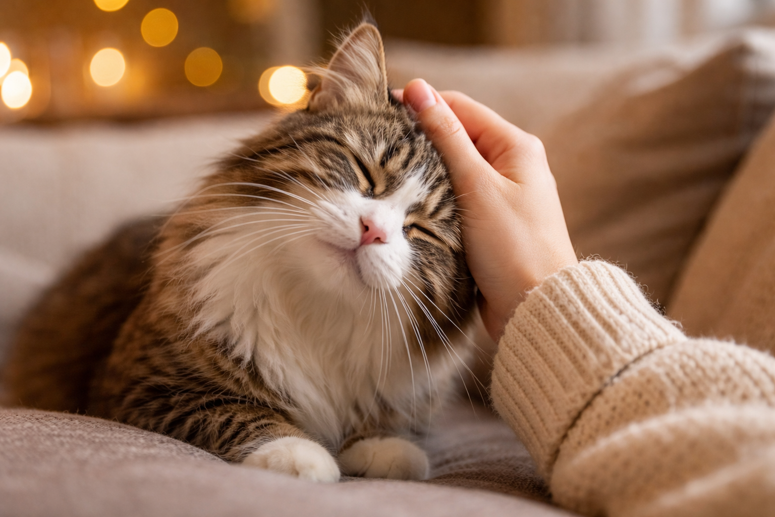 Affectionate tabby cat with eyes closed, gently leaning into a person’s hand while being petted on a cozy couch.