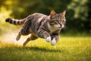 Cat sprinting across grass mid-stride with front paws extended and focused expression