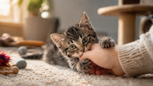 Playful tabby kitten gently biting a person’s hand on a soft carpet indoors