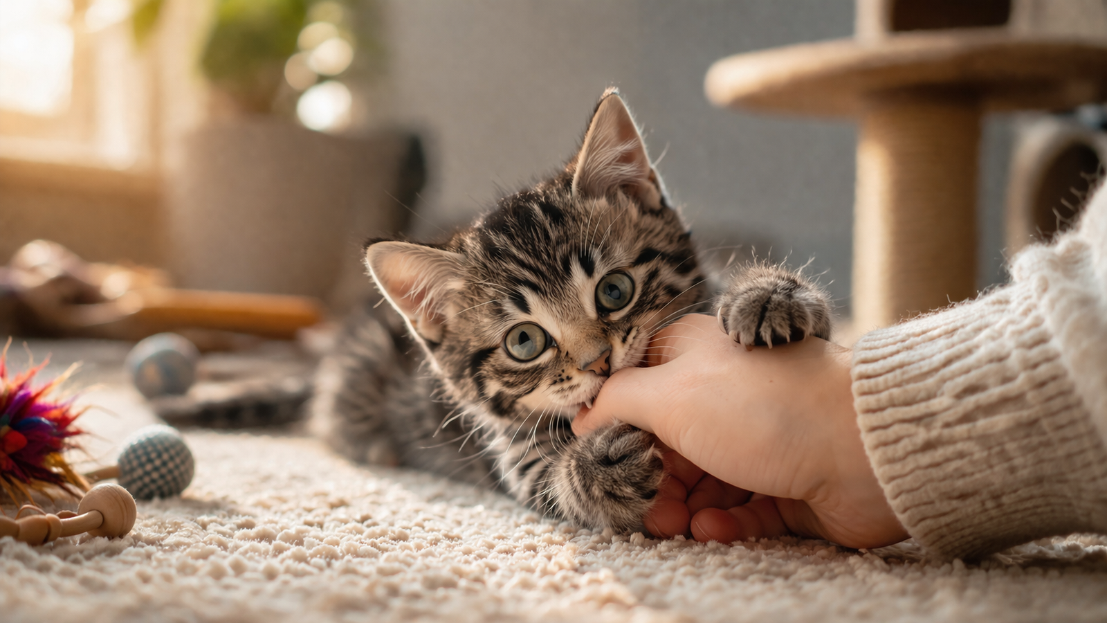 Playful tabby kitten gently biting a person’s hand on a soft carpet indoors