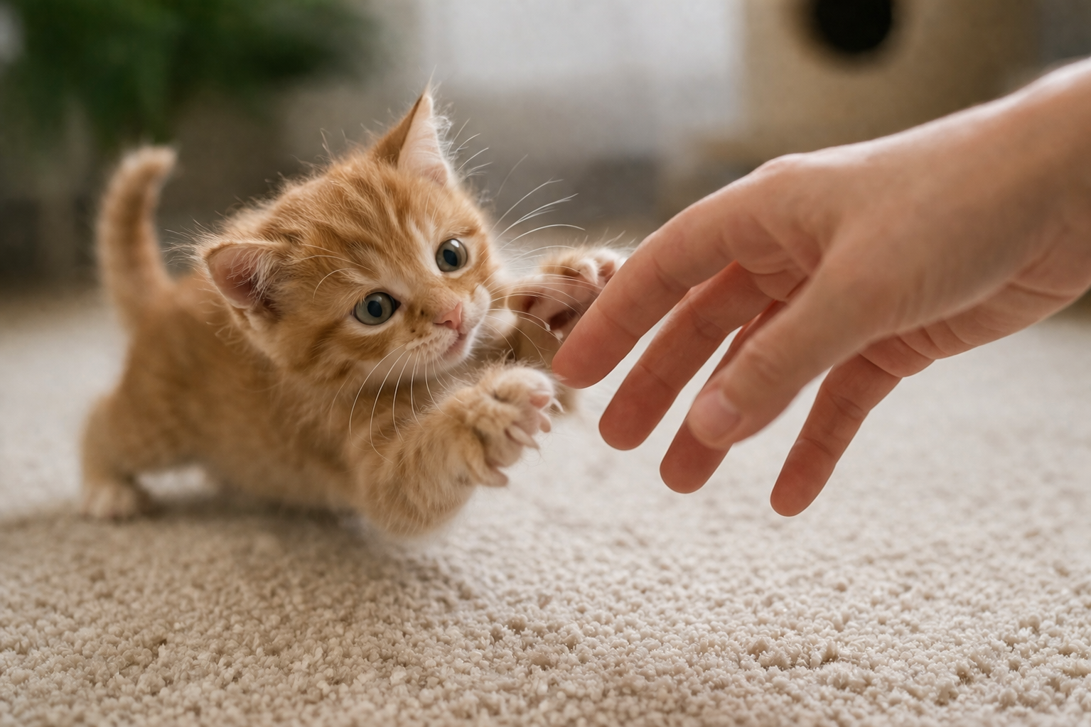 Playful orange kitten reaching toward a human hand on a carpet, about to bite