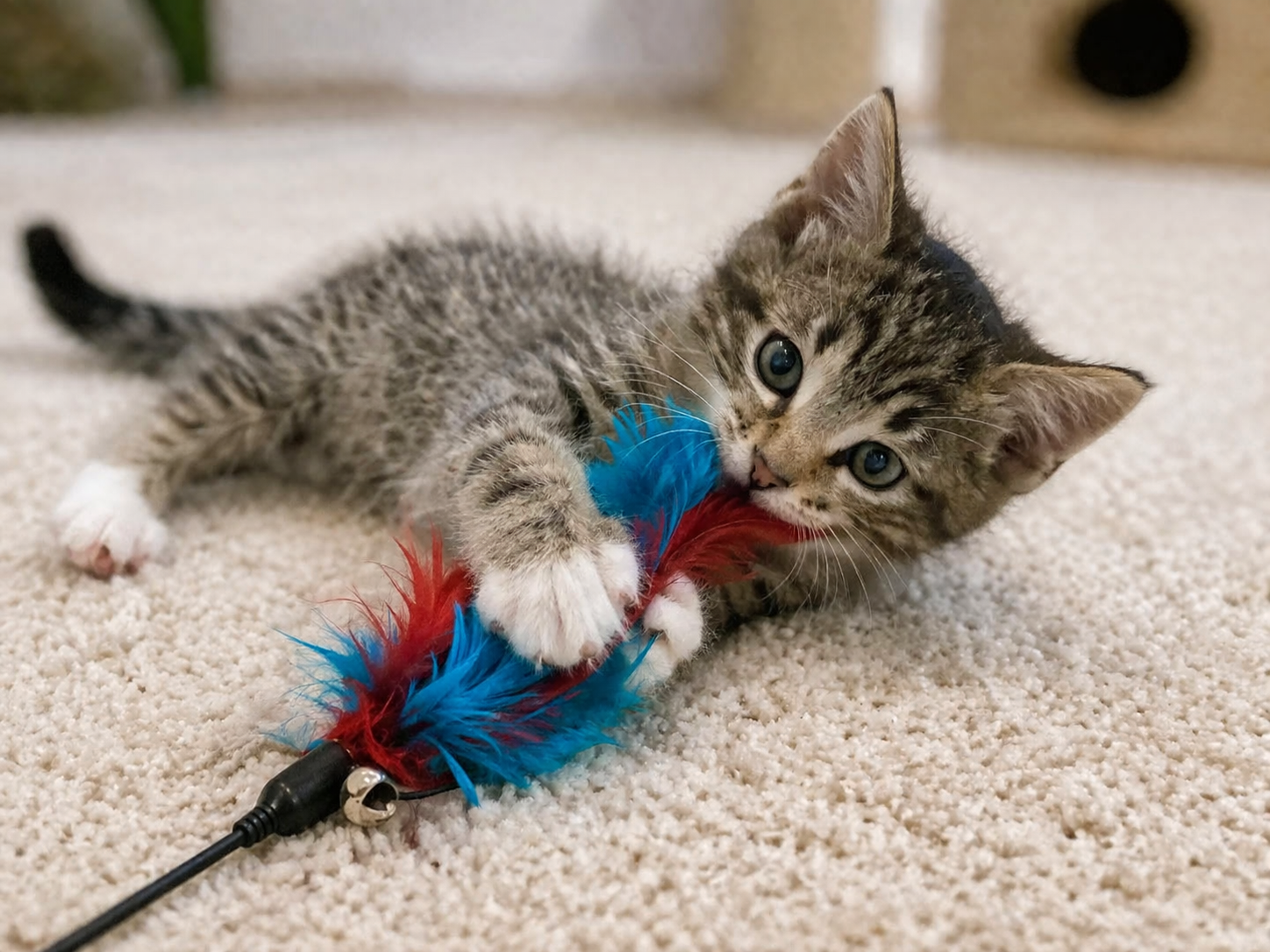 Playful gray tabby kitten lying on a light carpet biting a feather wand toy