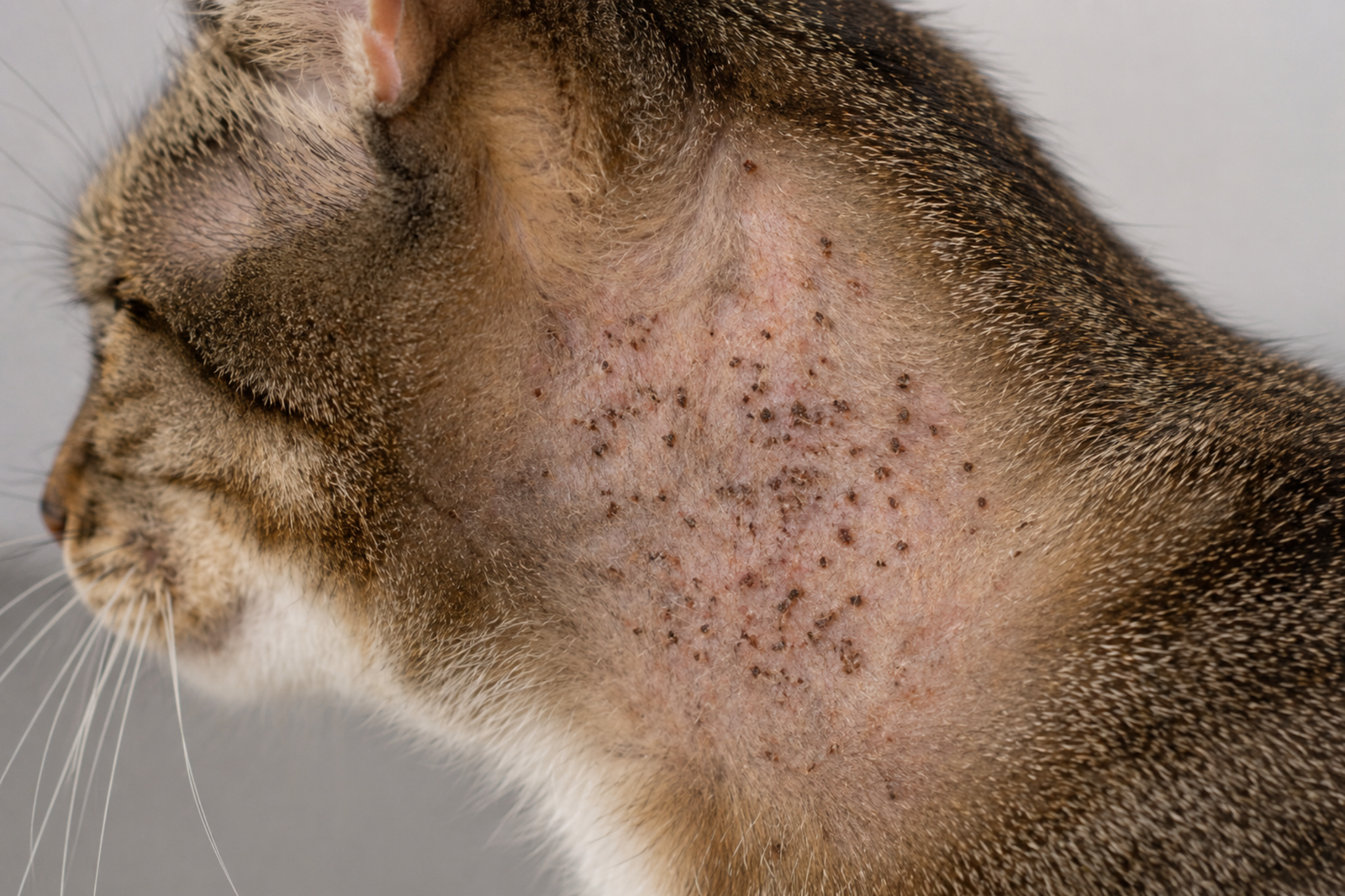 miliary dermatitis in cats showing small crusty scabs on the neck