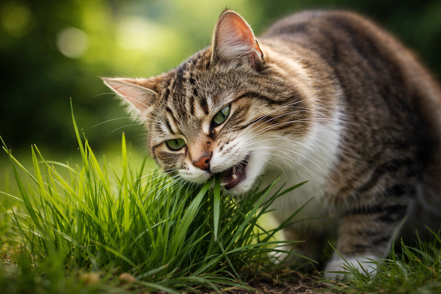 Cat chewing fresh green grass outdoors in soft natural light