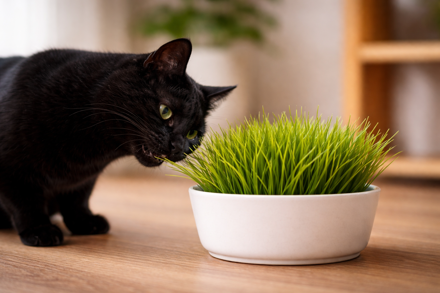 Black cat eating cat grass from a planter indoors