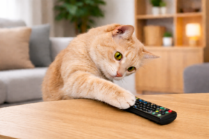Cat reaching out with its paw to tap a TV remote on a marble table