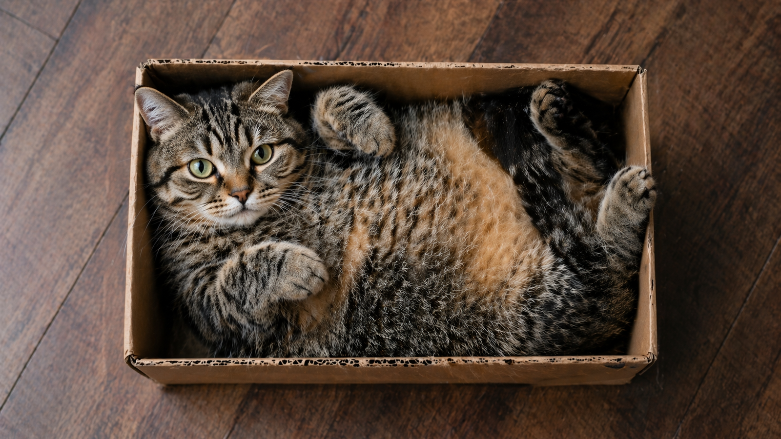 Top-down view of a tabby cat lying comfortably inside a small cardboard box on a wooden floor