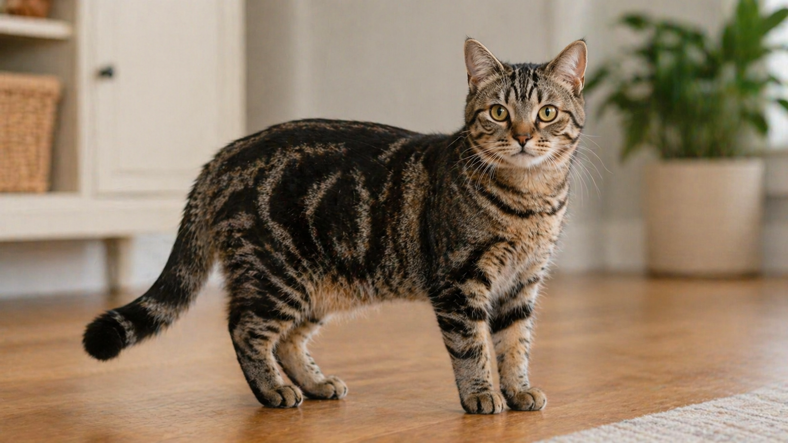 American Shorthair cat with brown tabby markings standing on a wooden floor in a bright living room