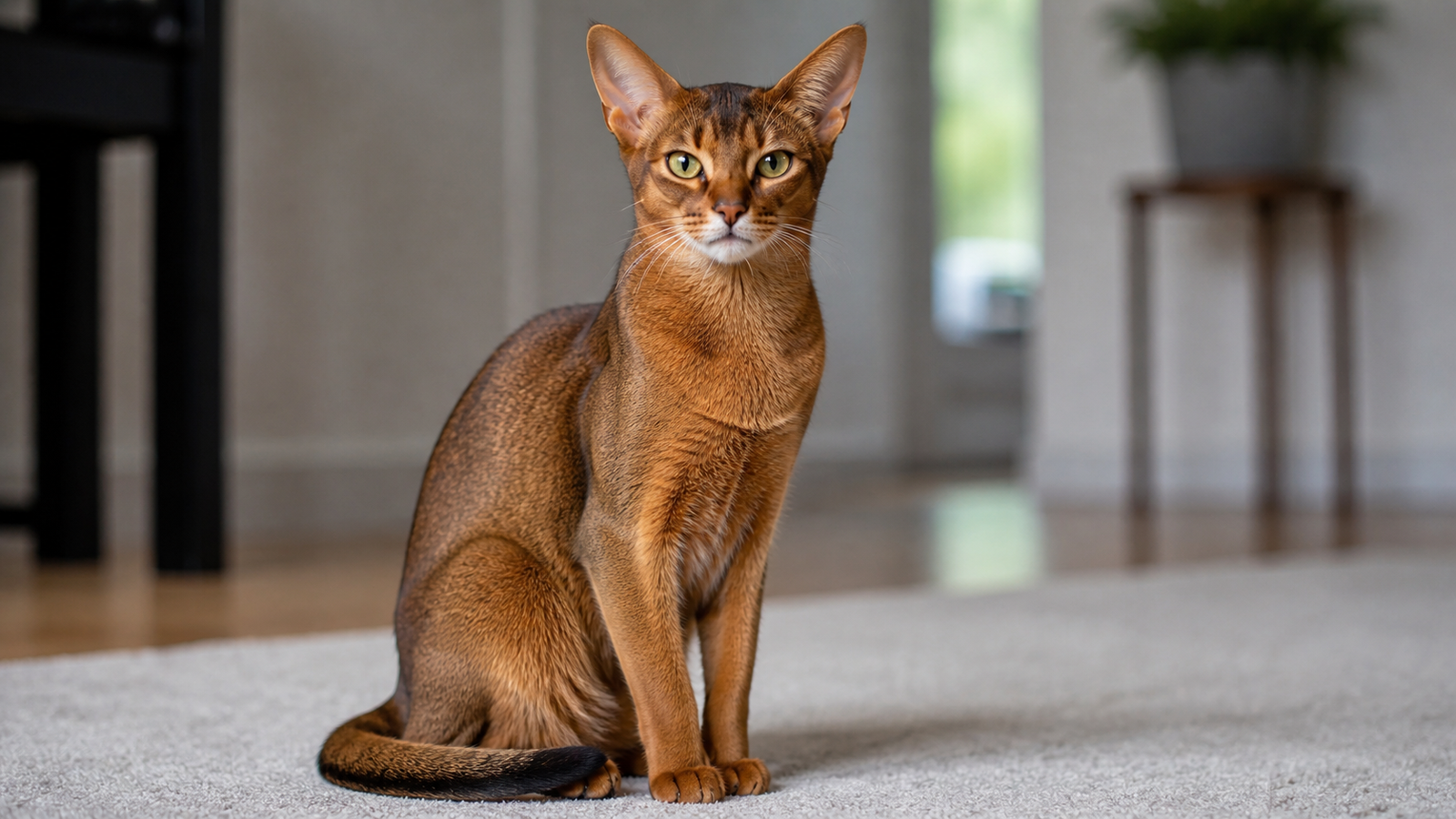 Abyssinian cat sitting upright with a warm ruddy ticked coat, large ears, and alert expression in a softly lit indoor setting