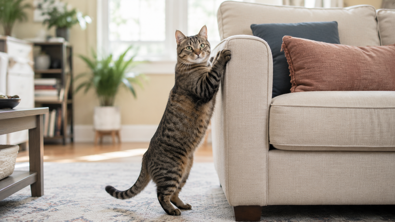tabby cat scratching the side of a couch in a living room, a common reason owners consider declawing