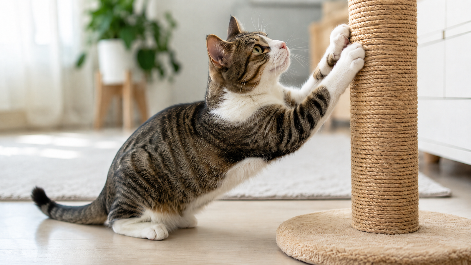 Tabby cat scratching a sisal post in a bright home interior.
