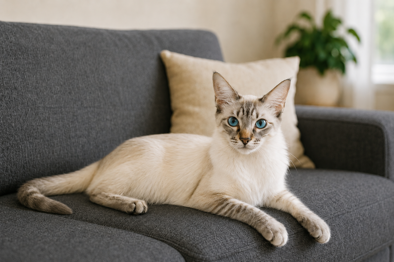 Blue lynx point Javanese cat resting on a charcoal gray sofa.