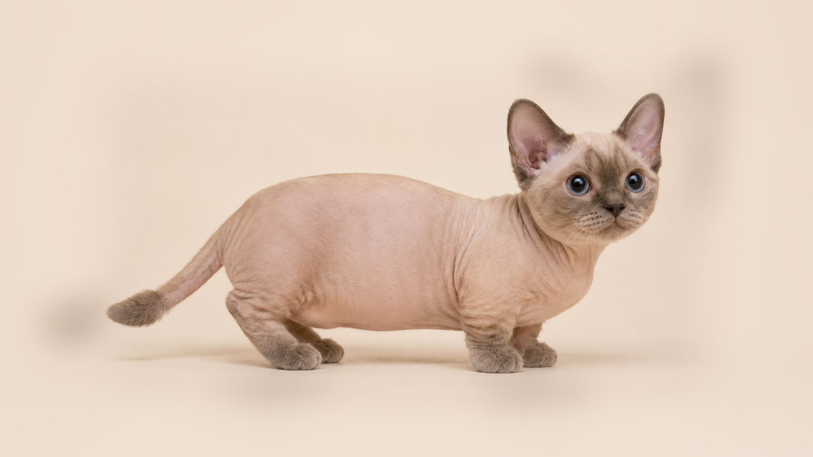 Minskin Cat thumbnail showing a short-legged cat with large ears and sparse fur resting on a soft blanket