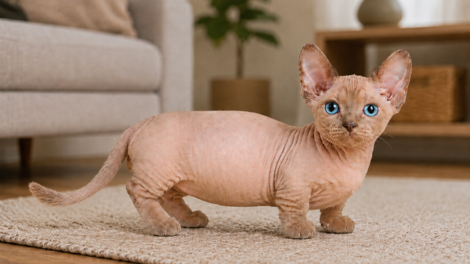 Minskin cat with short legs, sparse suede-like coat, large ears, and blue eyes standing on a rug in a cozy living room