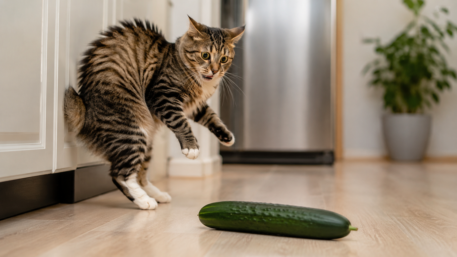 Startled tabby cat leaping backward from a cucumber on a kitchen floor, with puffed fur and a surprised expression in a bright home setting.