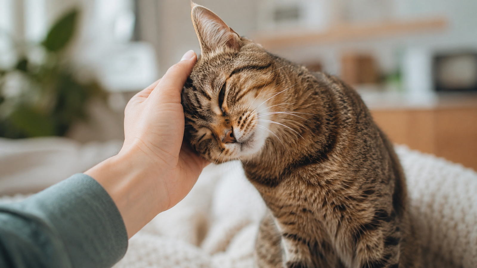 Cat gently headbutting a person’s hand in a cozy home setting.