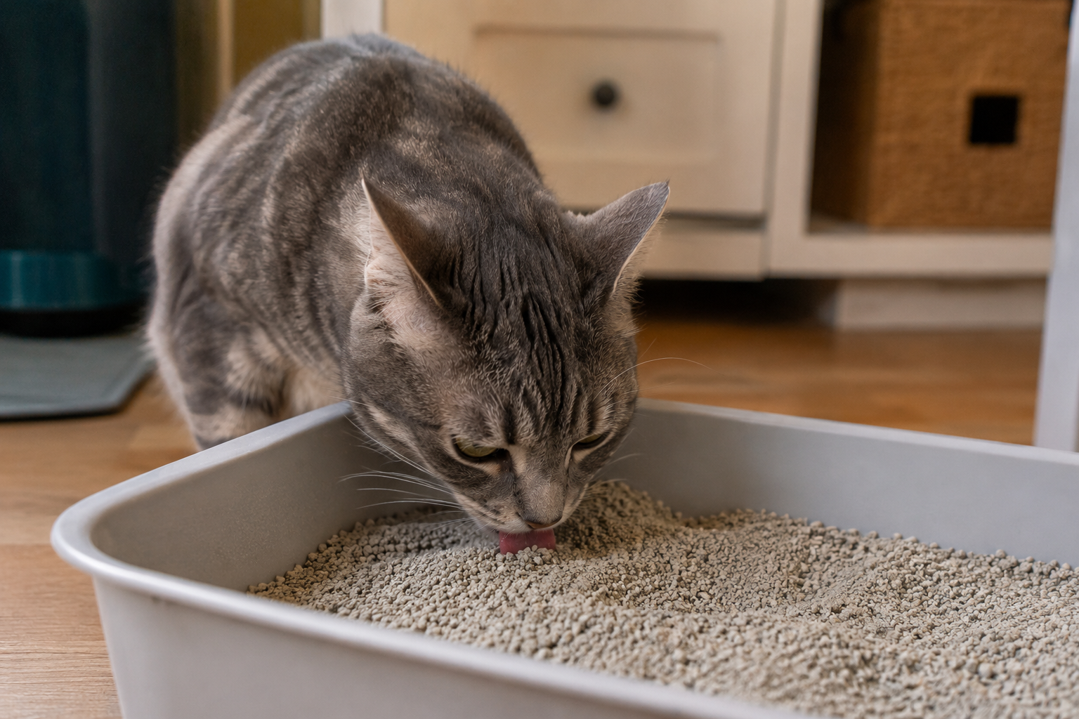 Gray tabby cat sniffing and licking clay litter inside a gray litter box in a softly lit indoor home setting.