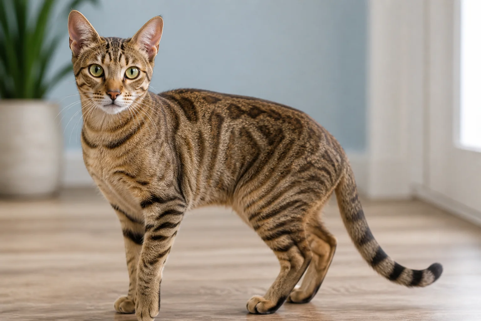 A Sokoke cat lying gracefully on a light gray surface, showing off its marbled tabby coat and vivid green eyes.