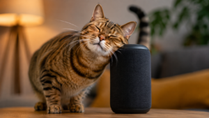 A tabby cat bunting its cheek against a Bluetooth speaker with eyes closed, showing a positive response to sound.
