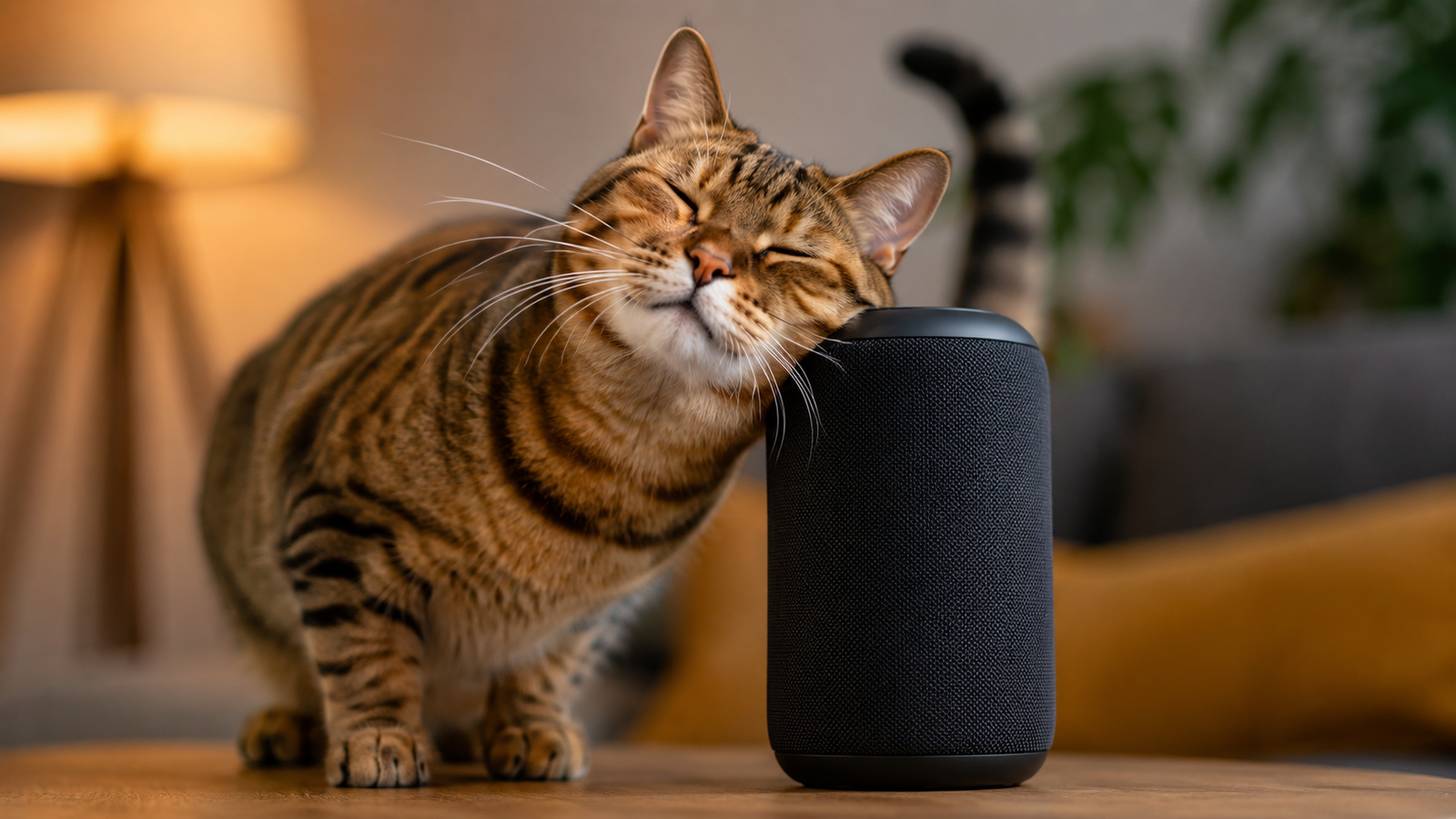 A tabby cat bunting its cheek against a Bluetooth speaker with eyes closed, showing a positive response to sound.